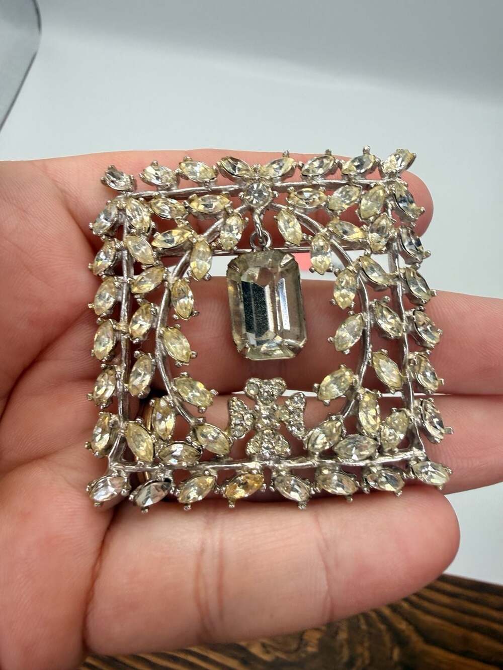 Vintage Rhinestone Brooch Silver Tone Square Crystal Pin